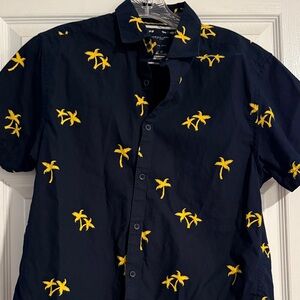 Denim & Flower Dark Blue Shirt with Yellow Palm Print